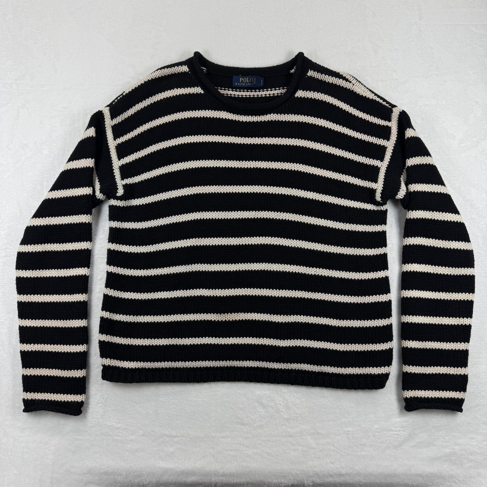 Polo Ralph Lauren Striped Crew Neck Sweater Knit Size L Black Cream Cotton Blend